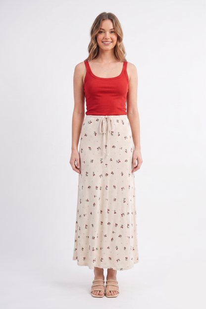 Floral Print Drawstring Back-Slit Maxi Skirt