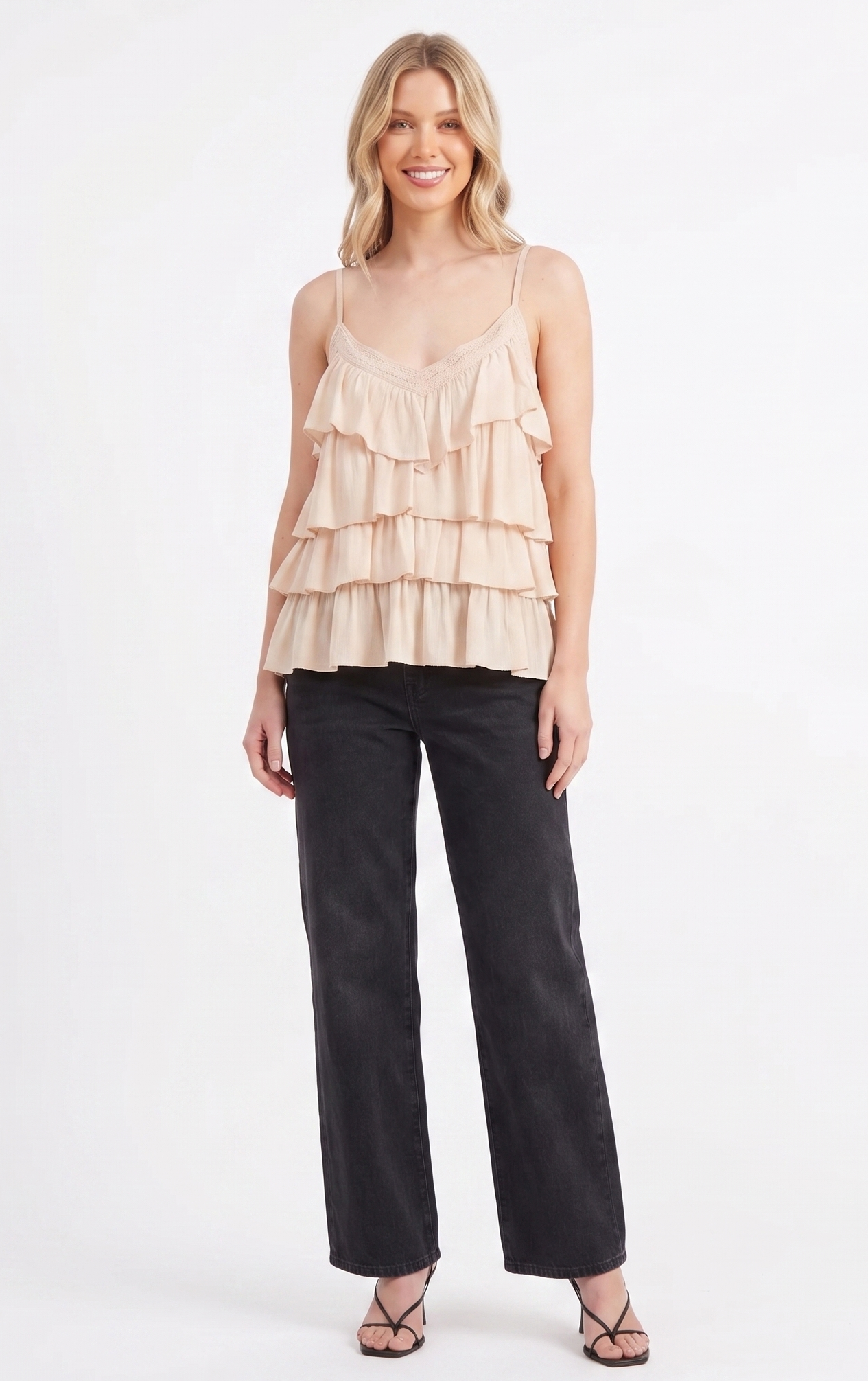 Tiered Ruffle Lace-Trim Cami Top