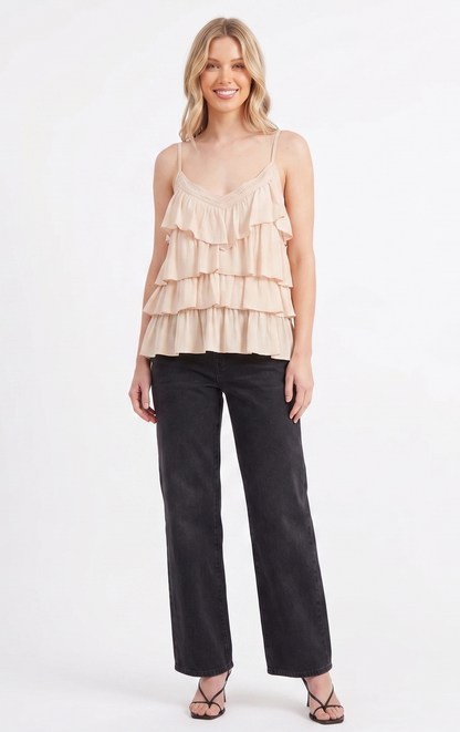 Tiered Ruffle Lace-Trim Cami Top