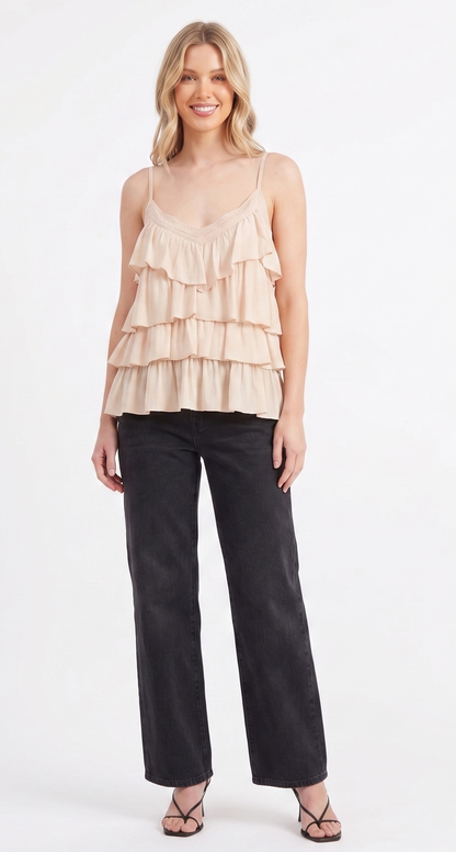 Tiered Ruffle Lace-Trim Cami Top