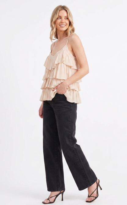 Tiered Ruffle Lace-Trim Cami Top