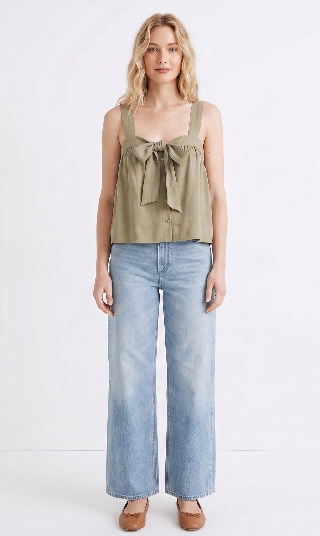 Linen-Blend Tie-Front Button-Up Cami Top
