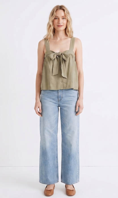Linen-Blend Tie-Front Button-Up Cami Top