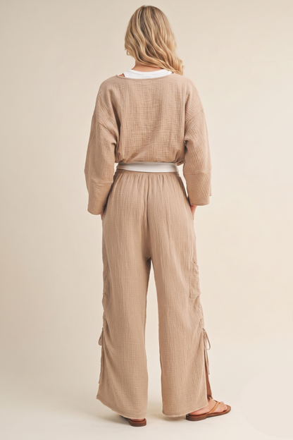 Gauze Ruched Side Wide-Leg Pants