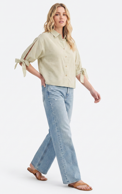Striped Tie-Sleeve Button-Up Blouse
