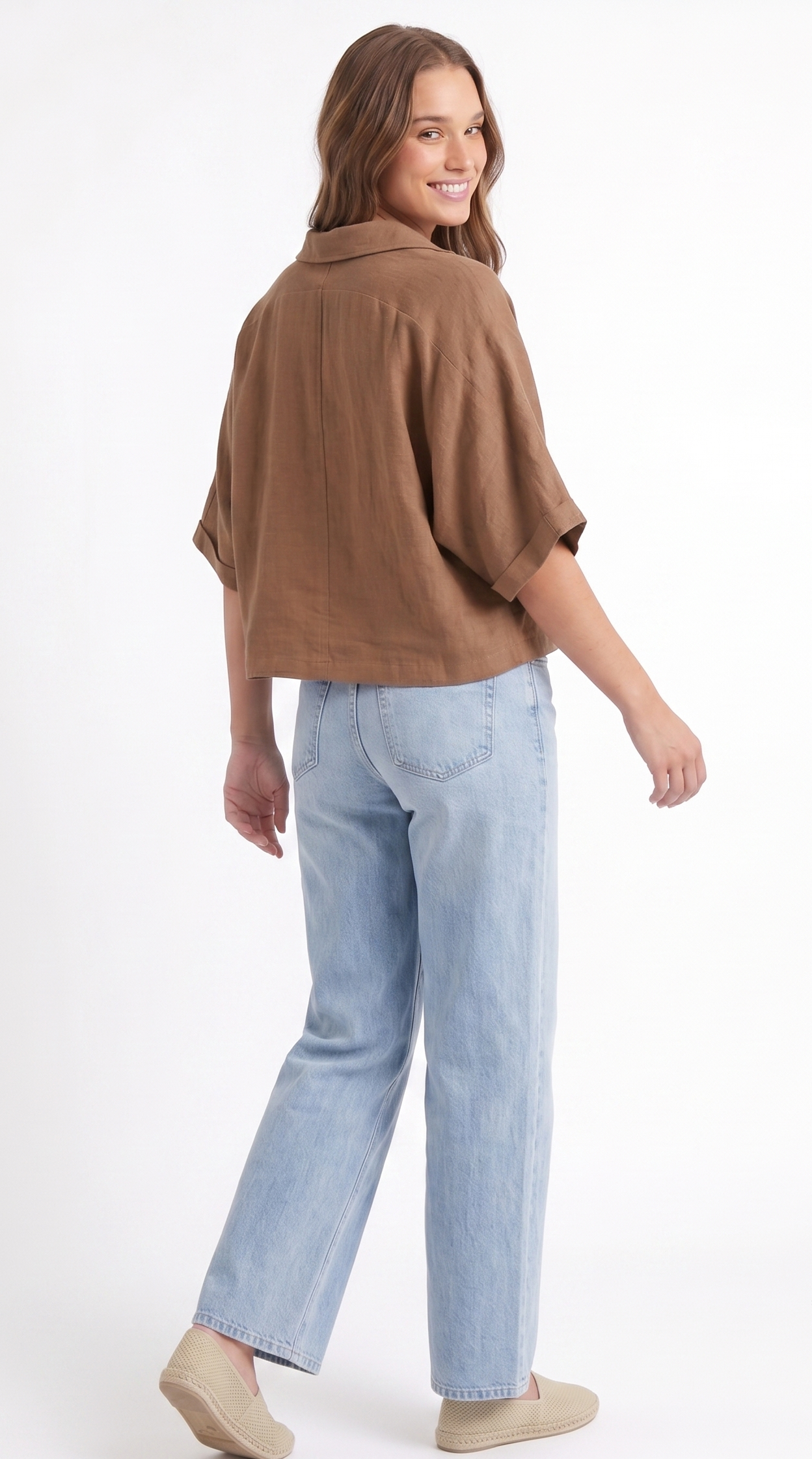 Linen-Blend V-Neck Dolman Sleeve Top