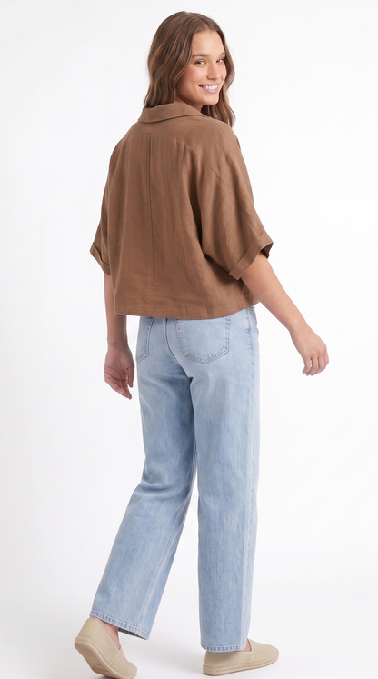 Linen-Blend V-Neck Dolman Sleeve Top