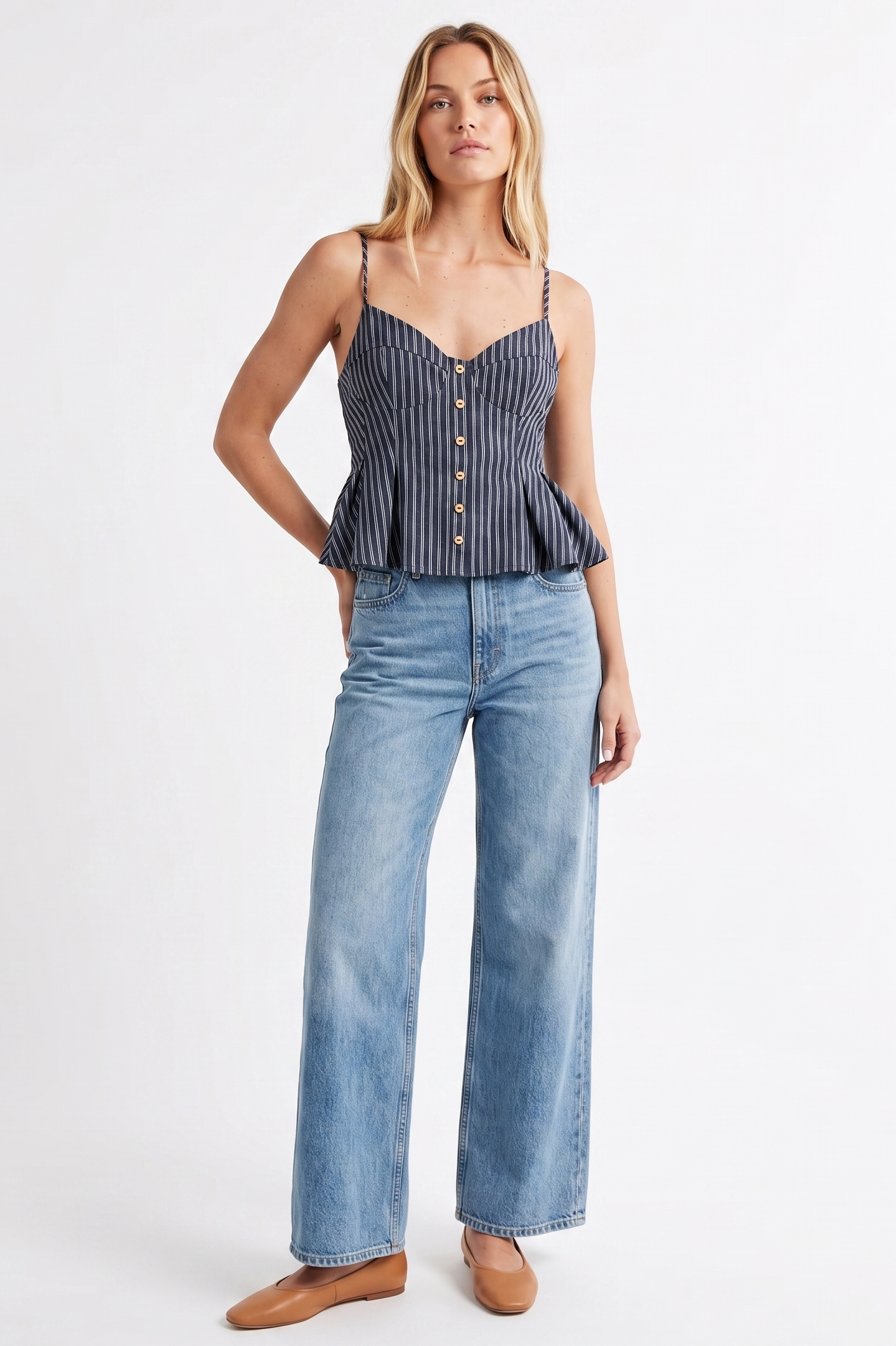 Striped Button-Front Peplum Cami Top