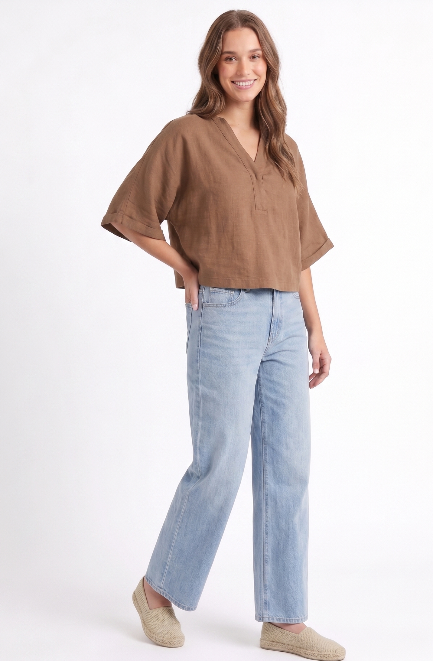 Linen-Blend V-Neck Dolman Sleeve Top