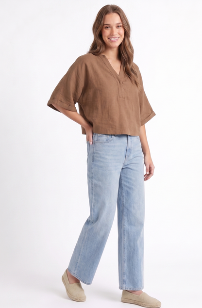 Linen-Blend V-Neck Dolman Sleeve Top