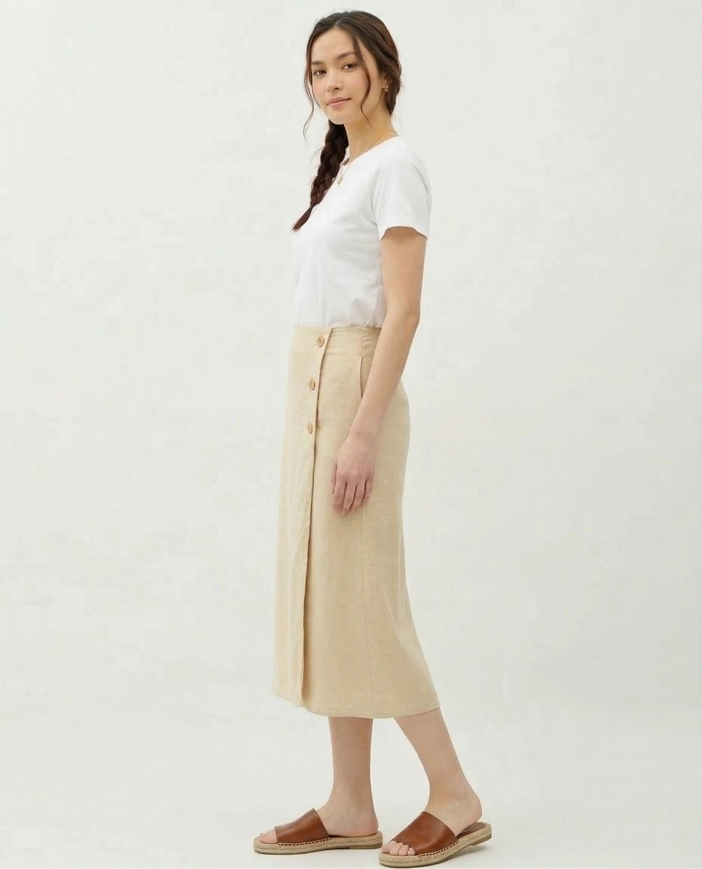 The Harvest Linen Button-Front Midi Skirt Janise