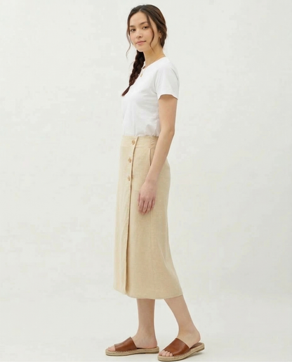 The Harvest Linen Button-Front Midi Skirt Janise