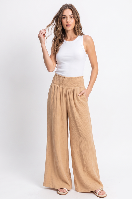 The Sahara Breeze Smocked Wide-Leg Gauze Pant