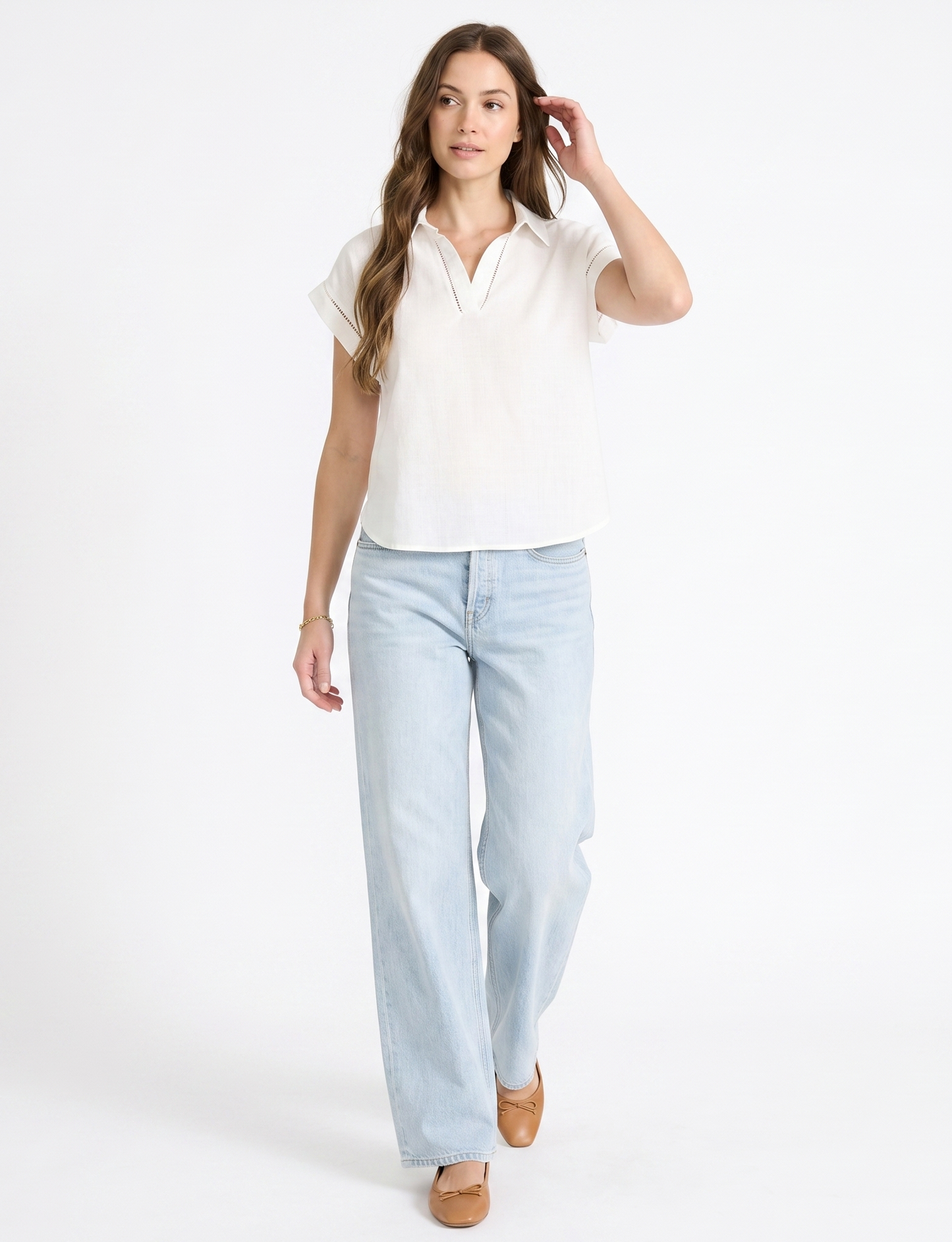 The Amalfi Ladder-Trim Linen Split-Neck Top