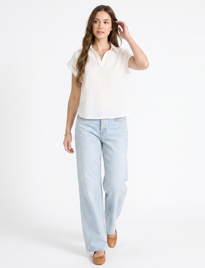 The Amalfi Ladder-Trim Linen Split-Neck Top