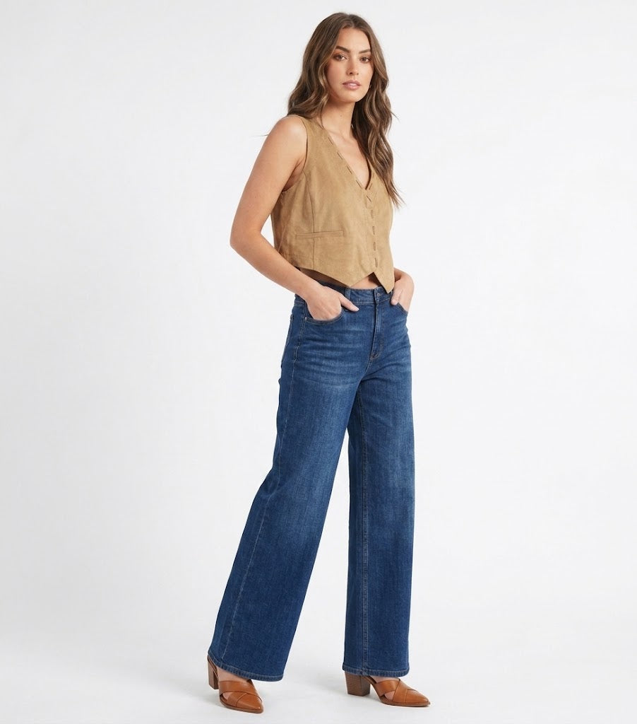 The Austin Stitched Faux-Suede Crop Vest Top in Camel