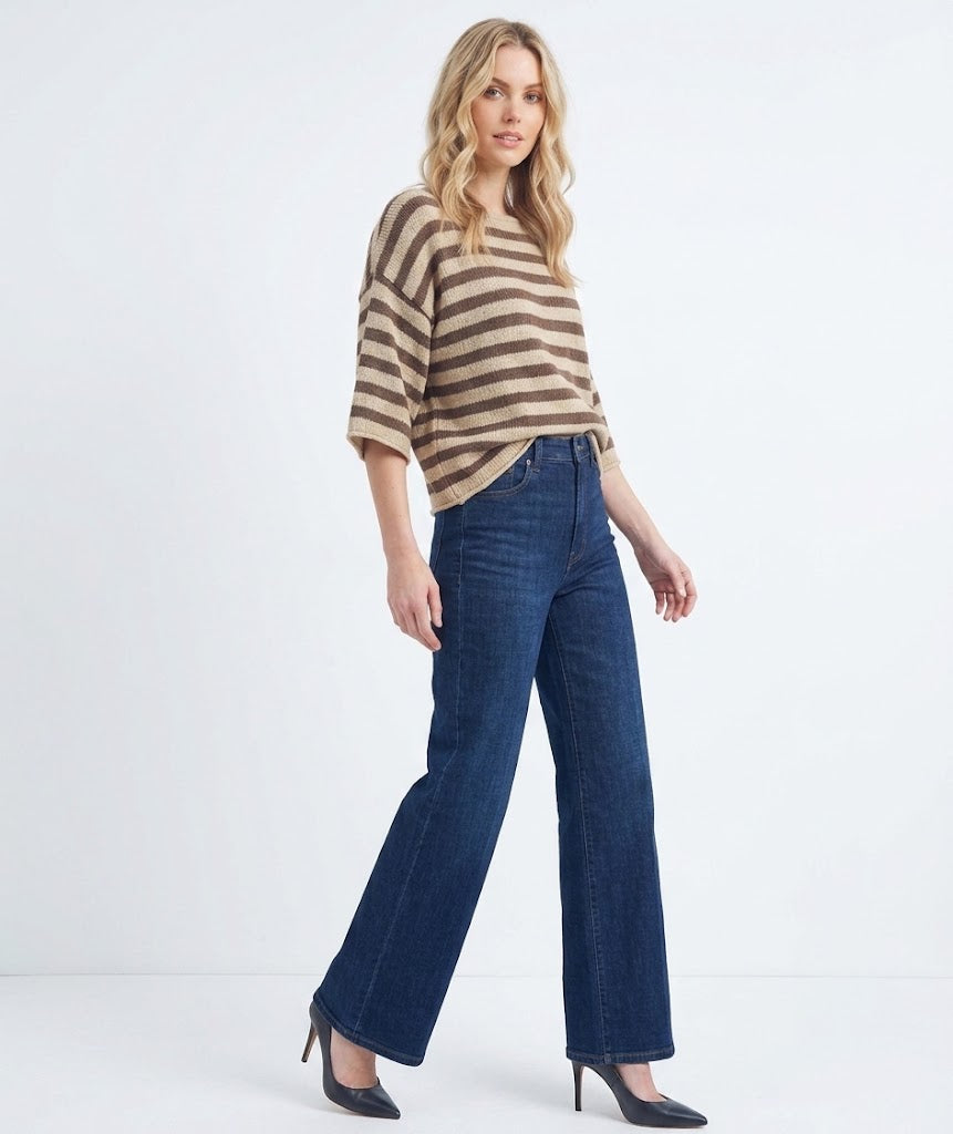 The Montauk Striped Boatneck Elbow-Sleeve Knit Top in Taupe & Brown
