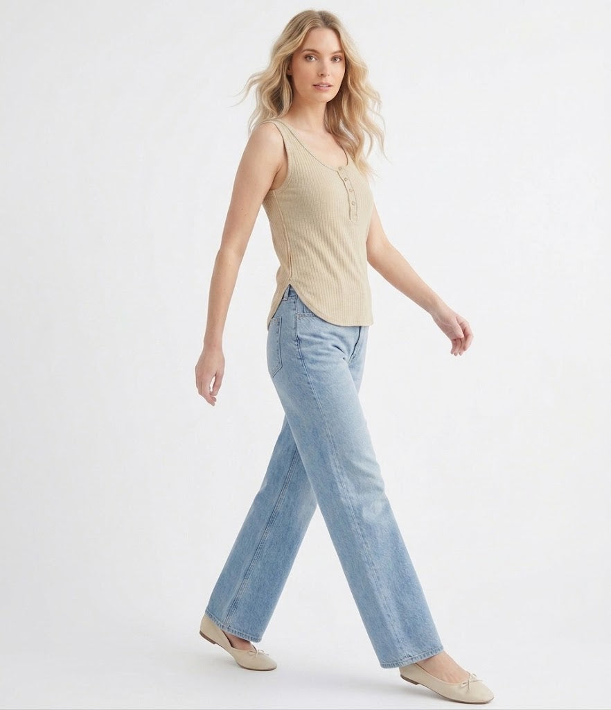 The Sedona Snap-Button Thermal Ribbed Henley Tank in Sage