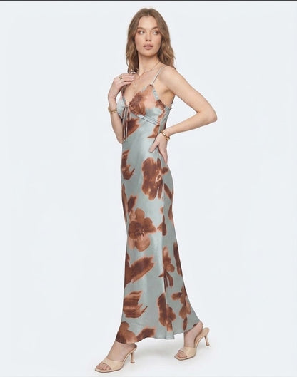 The Marina Watercolor Floral Cutout Satin Maxi Dress in Slate Blue