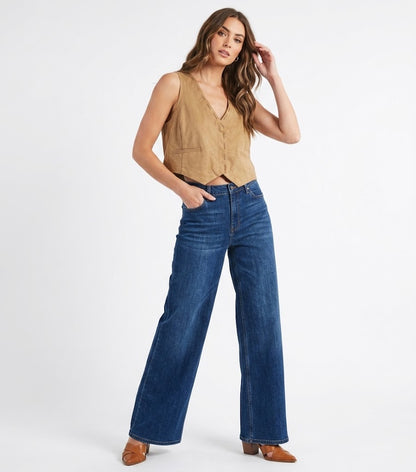 The Austin Stitched Faux-Suede Crop Vest Top in Camel