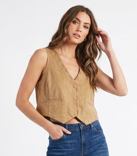 The Austin Stitched Faux-Suede Crop Vest Top in Camel
