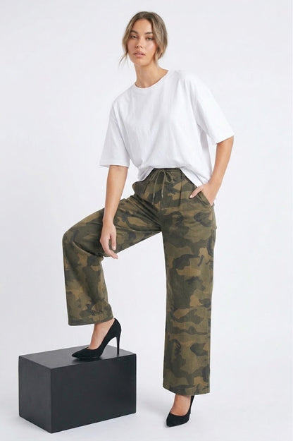 The Rebel Pleated Drawstring Camo Wide-Leg Pants in Olive
