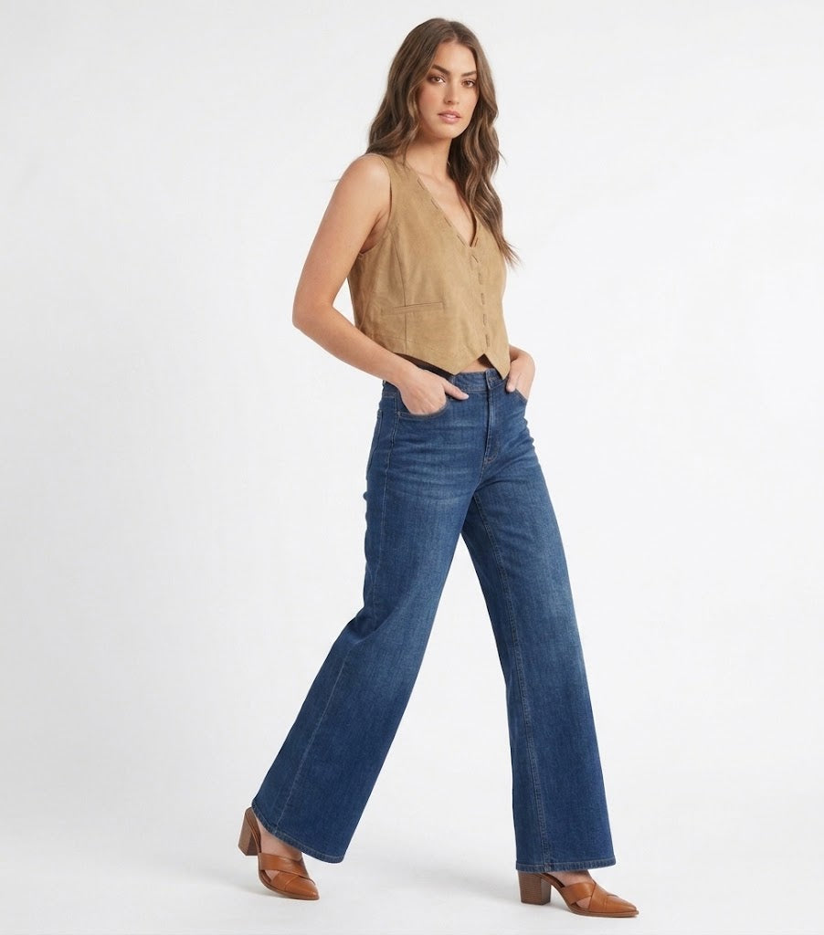 The Austin Stitched Faux-Suede Crop Vest Top in Camel