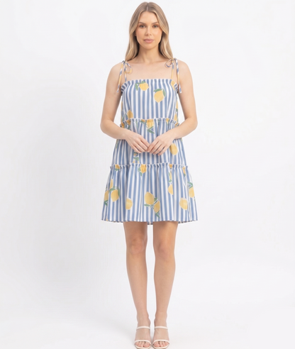 The Amalfi Coast Lemon Print Tie-Strap Mini Dress