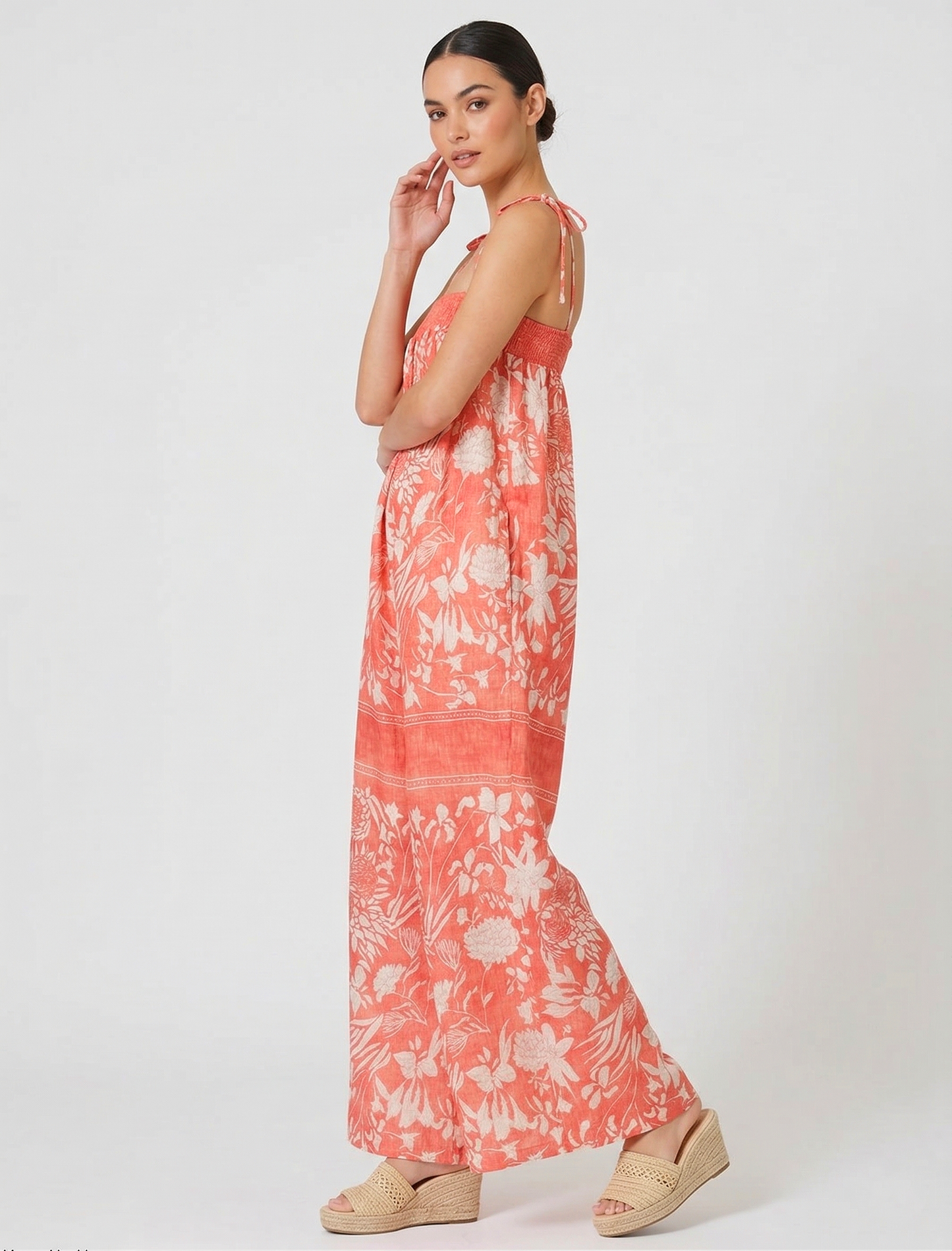 Hibiscus Coral Tie-Shoulder Jumpsuit