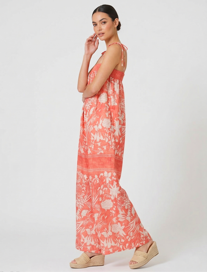 Hibiscus Coral Tie-Shoulder Jumpsuit